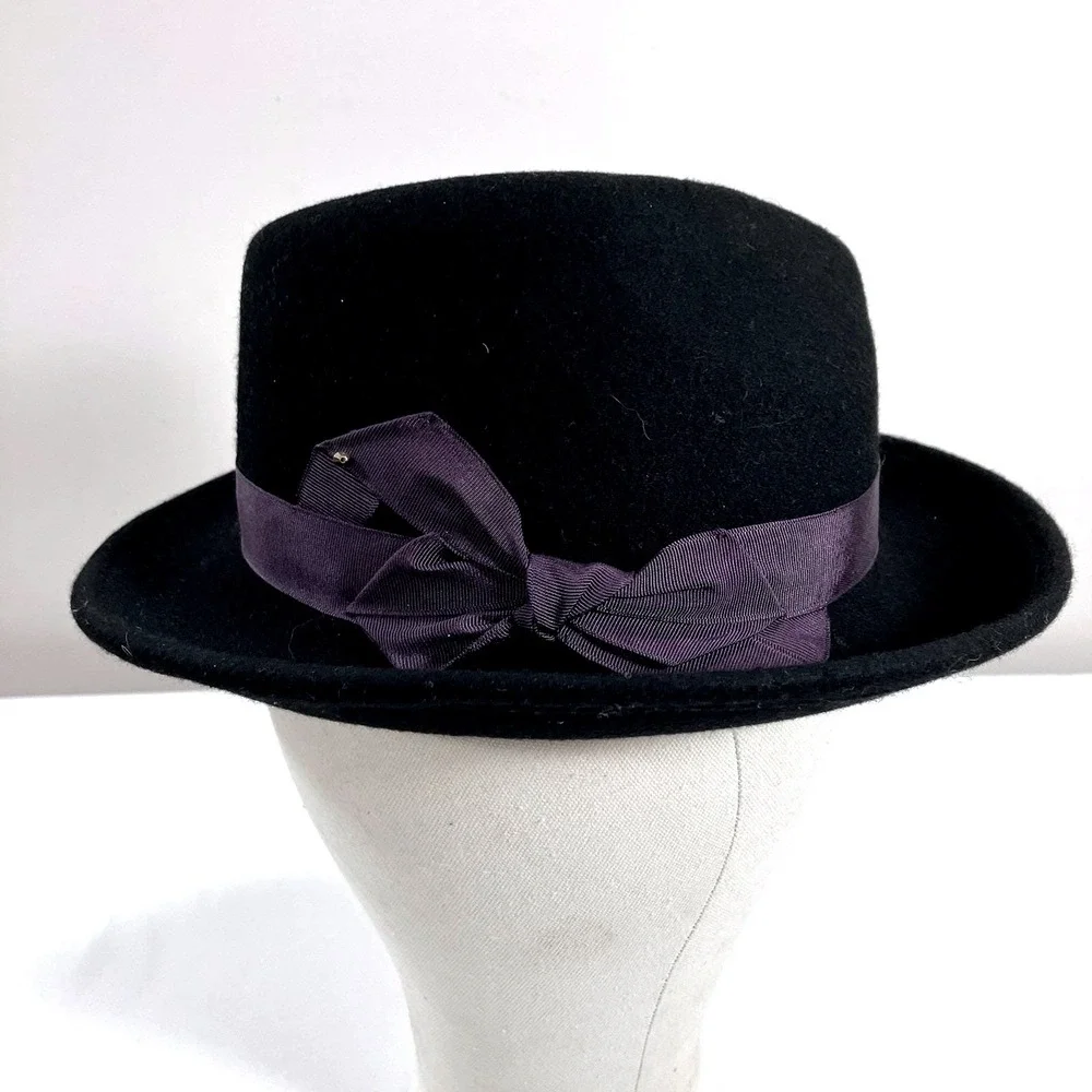 Grace Hats Fedora Black Wool‎ Felt Purple Grosgrain Ribbon Bow Accent Hat